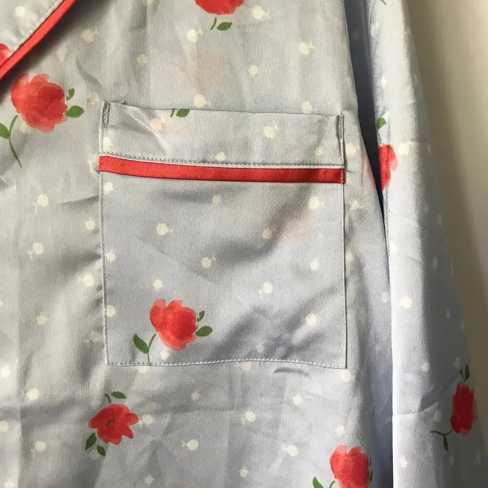 Kate Spade Pajama Set Extra Large Womens Floral Satin Long Sleeve Blue Coral XL